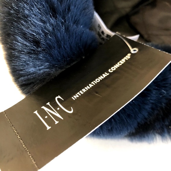 (NWT) INC International Concepts Navy Woven Shine Faux Fur Trapper OSFM - Picture 9 of 10